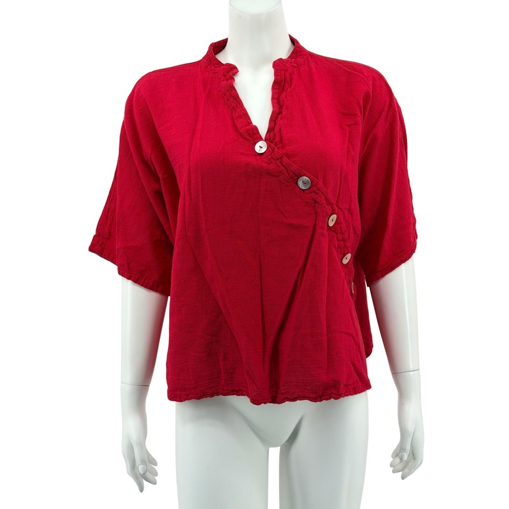 Oh My Gauze Top Womens 1 Small Medium Red 100% Cotton V-Neck Summer Lagenlook